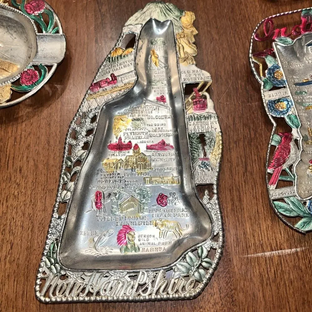 Vintage Japan Trinket Dish Tin Travel Souvenir State Ashtray Boston, MA NH OH IN